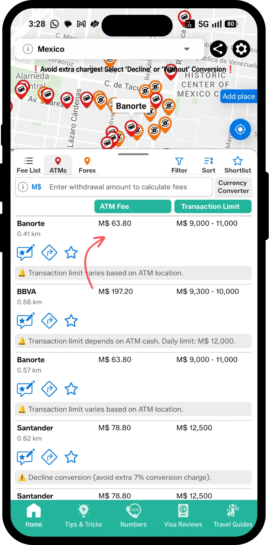 ATM Fee Saver screen showing fee-free atms with withdrawal limits